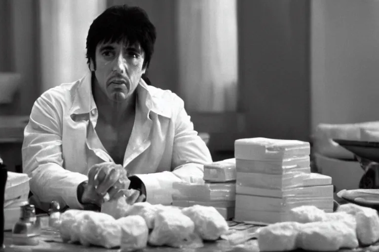 Prompt: tony montana from movie scarface 1 9 8 3 sitting at a table with big packages of flour. next to the night window. al pacino. perfect symmetric face, coherent eyes, medium shot, fine details, 4 k, cinestill, ron cobb