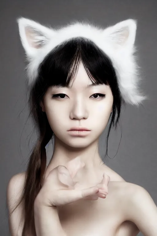 Prompt: aesthetic photograph of alluring young Japanese woman wearing white cat ears, by Nick Knight and jia ruan, headshot, cat-girl cosplay, realistic, photorealistic, HD, 4k resolution