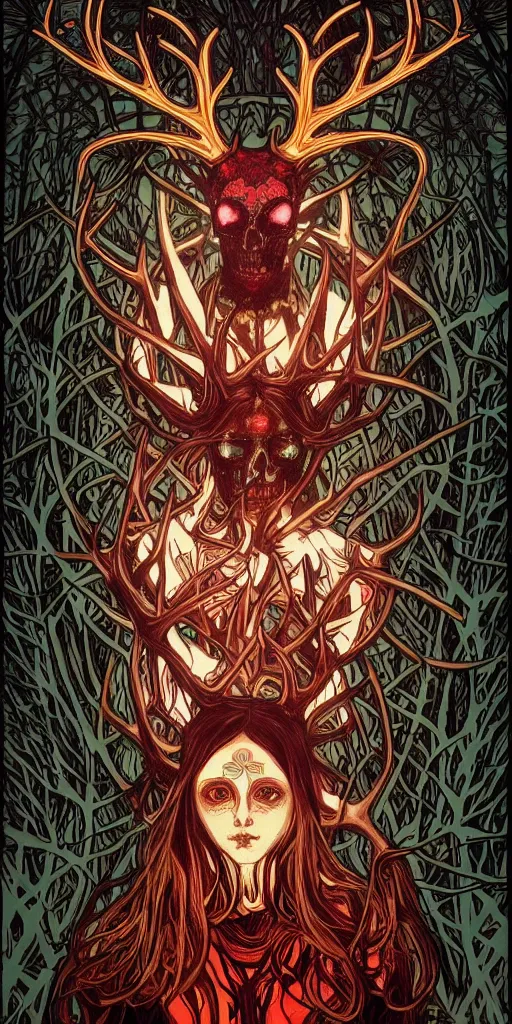 Prompt: intense glowing black metal pagan god with antlers and veins and intense glowing eyes with a skull in very dark forest by artgerm and alphonse mucha, portrait, fantasy, clear, red and teal and yellow, light beams, lens flare, intense, uhd, amazing depth, cinematic lighting