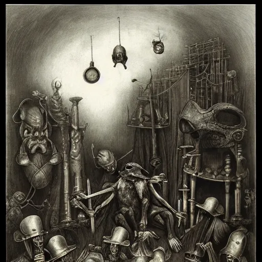 Image similar to plague doctors in the mist with weird rube goldberg machines, minimalist, joel peter witkin, heironymus bosch, gustave dore, beksinski, giger