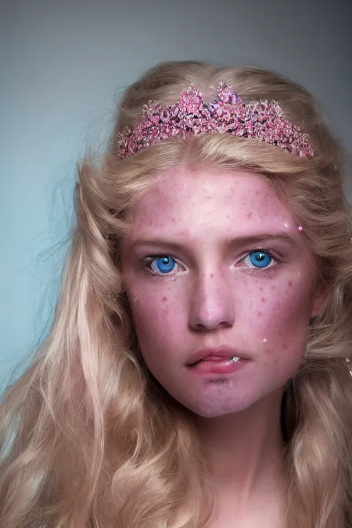 Image similar to a princess with long blonde hair and light blue eyes wearing a strapless elaborately beaded pink dress, high resolution film still, 8k, HDR color, film by Simon Langton and David Frankel, triangular face, very light freckles, round narrow chin, straight jawline, natural lips, high cheekbones, beautiful gazing eyes