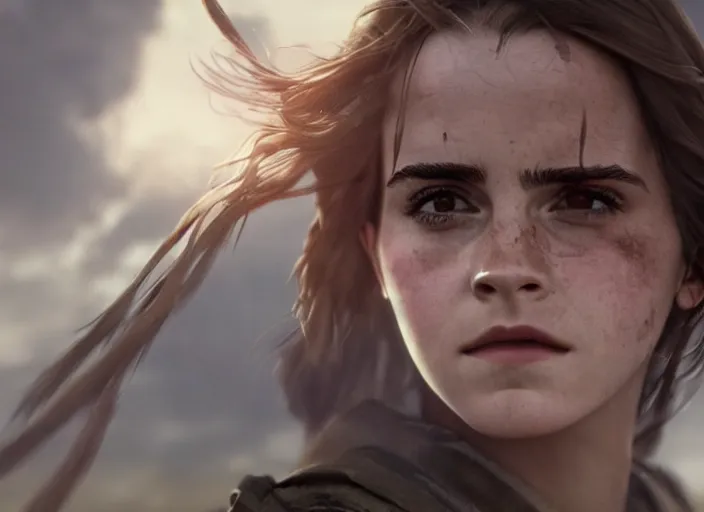 Prompt: close up cinematic artwork of Emma watson staring down the enemy on the battlefield by Greg Rutkowski, 4k, masterpiece