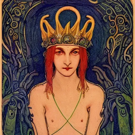 Prompt: the tentacle crown, by Annie Swynnerton and Nicholas Roerich! and (((Edmund Dulac))), bioluminescent skin, tattoos, elaborate costume, geometric ornament, symbolist, rich colors, dramatic lighting, smooth, sharp focus, extremely detailed