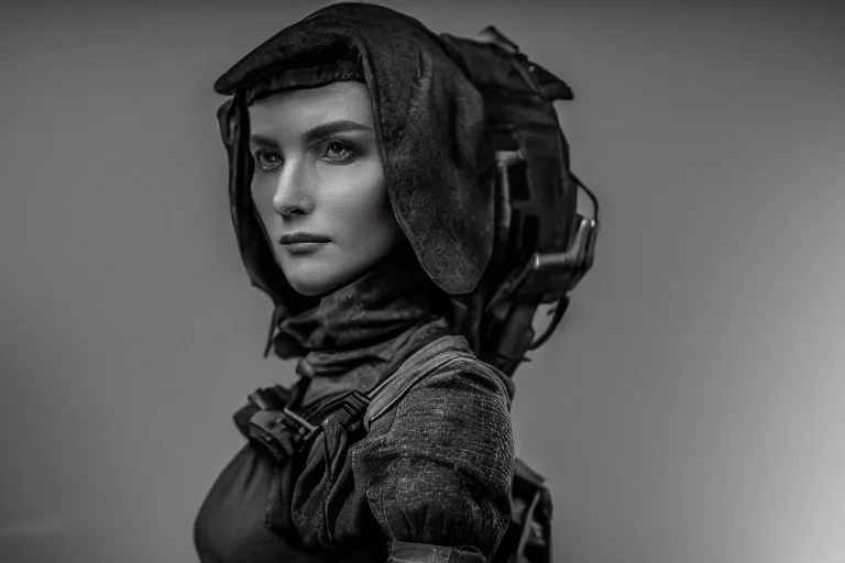 Image similar to still photo of a very beautiful woman wearing fabric clothing looking at the camera in a battlefield, black and white color aesthetic, highly detailed, photorealistic portrait, bright studio setting, studio lighting, crisp quality and light reflections, unreal engine 5 quality render