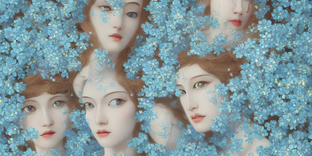 Image similar to breathtaking detailed concept art painting art deco pattern of faces goddesses of light blue flowers with anxious piercing eyes and blend of flowers and birds, by hsiao - ron cheng and john james audubon, bizarre compositions, exquisite detail, extremely moody lighting, 8 k