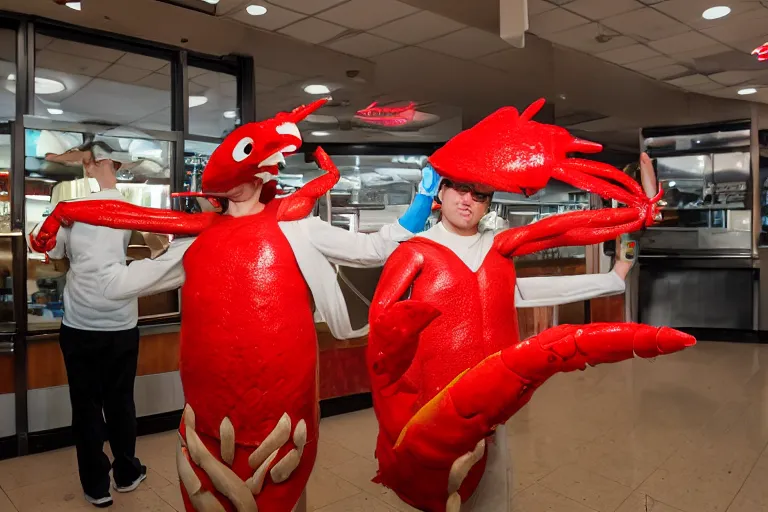 Prompt: cosplayer dressed like a crab, in 2 0 1 8, at an arbys, crabcore, royalcore, low - light photograph, photography by tyler mitchell