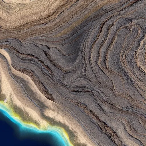 Image similar to a terraform made of black sand and golden rivers with very detailed erosions and features as seen by a very advanced landsat and sentinel satellite, 8 k, octane render, nvidia