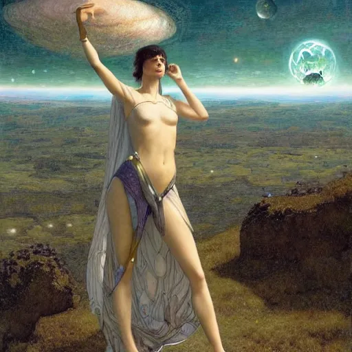 Prompt: epic wide angle view beautiful woman watching from the Earth as a rogue planet nears for a collision which will destroy the world, by Edgar Maxence and Ross Tran and Michael Whelan
