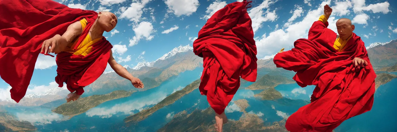 Image similar to a fisheye lens shot on full - frame camera of tibetan monk flying over himalaya mountains lake in weightlessness in traditional red cloth. a lot of flying red fabric around, sky and cloth fabric reflected in blue lake water. illustration by craig mullins, yoji shinkawa, trending on artstation, peter mohrbacher, hyper detailed, intricate, elite, ornate,