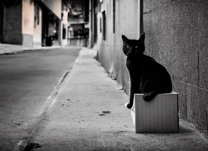 Prompt: photography of a Cat sitting on a box. in a cyberpunk street, award winning photo, led lighting, night, 24mm, sharp, high res
