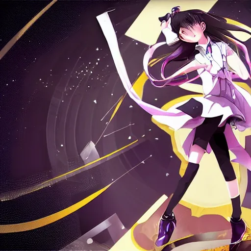 Image similar to luxury advertisement, astonishing artwork of a very beautiful dancing anime schoolgirl with black bob hair in style of cytus and deemo, full perfect face, she is dancing, set in Half-life. Realistic, highly detailed background, Pixiv, 120 degree view, drawn by Sasoura, Satchely and Akihiko Yoshida, no distortion