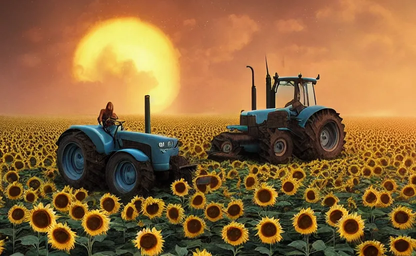 Prompt: cute tractor on sunflower field towing a russian t 6 2 tank cyberpunk art by mike winkelmann, trending on cgsociety, retrofuturism, reimagined by industrial light and magic, darksynth, sci - fi