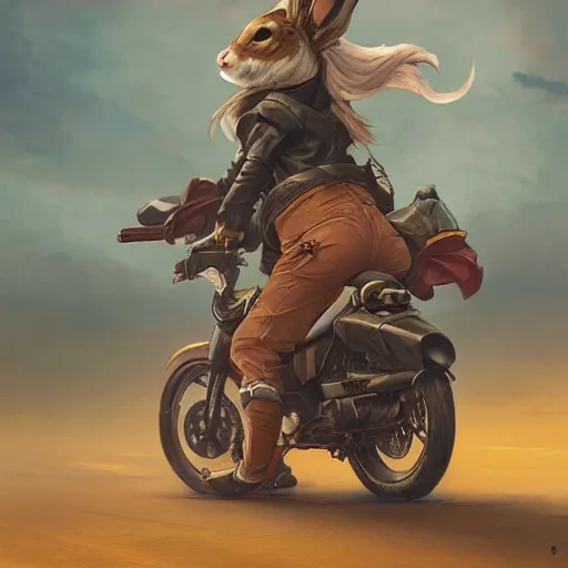 Image similar to bunny wearing a leather jacket riding a motorbike during sakura season on a blood moon, by peter mohrbacher, james jean, wlop, greg rutkowski, rule of thirds, dynamic pose, action pose, beautiful landscape