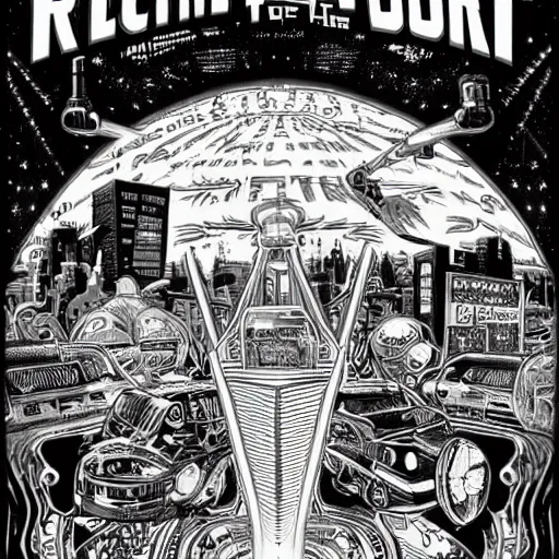 Prompt: return to the future poster by Joe fenton, b&w