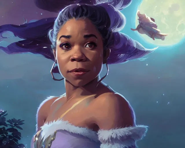 Prompt: highly detailed portrait of regina hall as a moon goddess in breath of the wild, stephen bliss, unreal engine, fantasy art by greg rutkowski, loish, rhads, ferdinand knab, makoto shinkai and lois van baarle, ilya kuvshinov, rossdraws, tom bagshaw, global illumination, radiant light, detailed and intricate environment