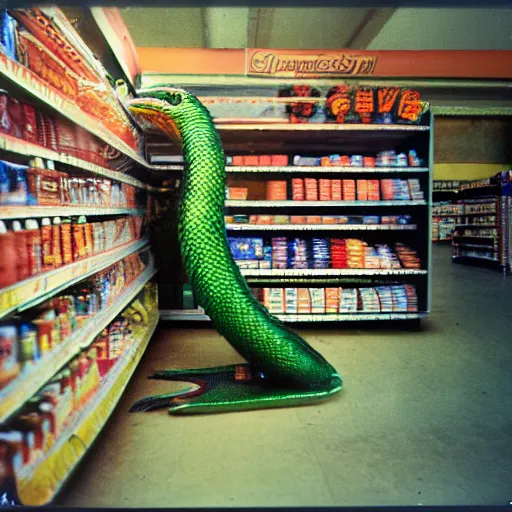 Image similar to vintage photograph of a futuristic time quetzalcoatl inside a grocery store, shallow depth of field, awkward, out of place, polaroid 6 0 0 color