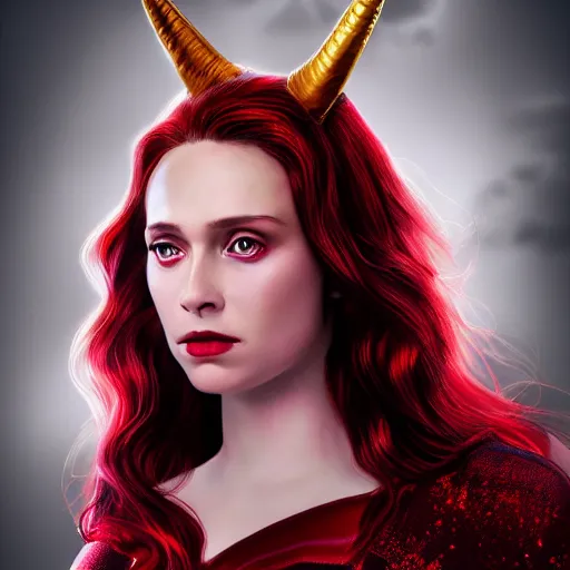 Image similar to A portrait of elizabeth as scarlet witch with horns, cinematic, digital art, amazing detail