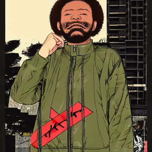 Image similar to illustration by katsuhiro otomo, black man with afro hair, raspy beard stubble, wearing an adidas army green jacket, in the streets of tokyo, akira style, by katsuhiro otomo