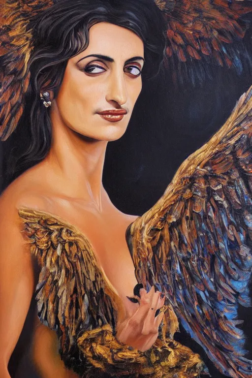 Prompt: oil painting, portrait of penelope cruz with wings, artwork by salvador dali