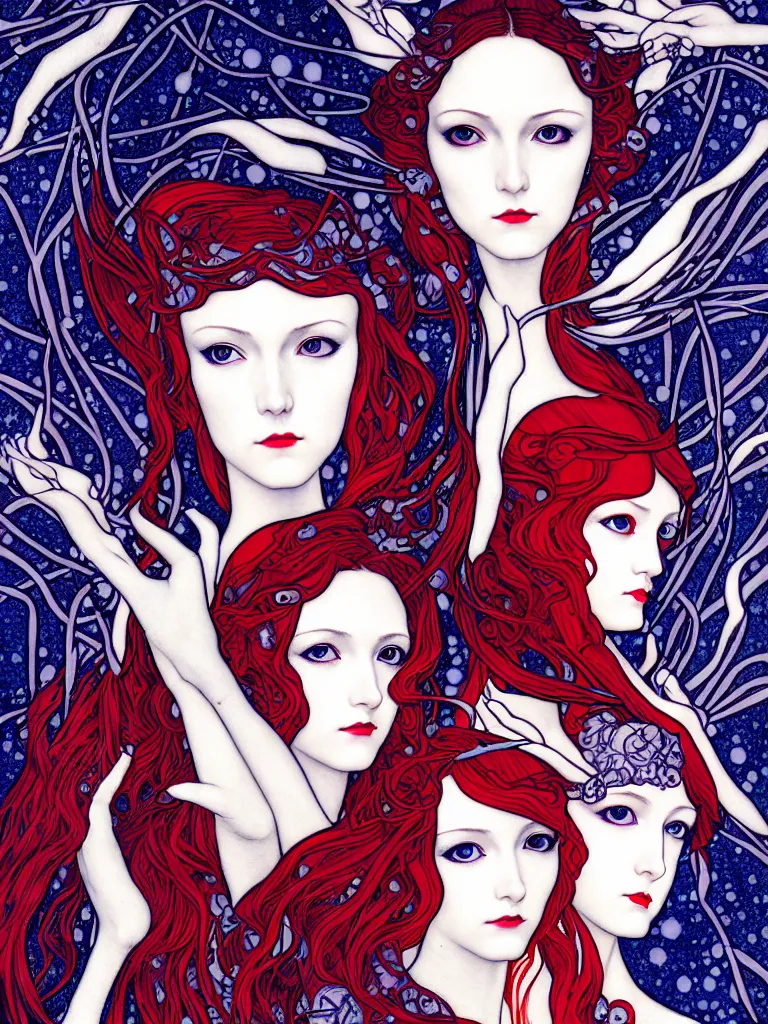 Image similar to triad of winter muses, style mix of æon flux, shepard fairey, botticelli, ivan bilibin, john singer sargent, pre - raphaelite, shoujo manga, harajuku fashion, dormant nature, snow, ice, stark colors, superfine inking, ethereal, 4 k photorealistic, arnold render