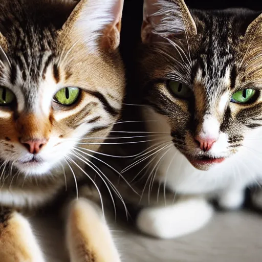 Prompt: Photo of two cats chatting, close-up.