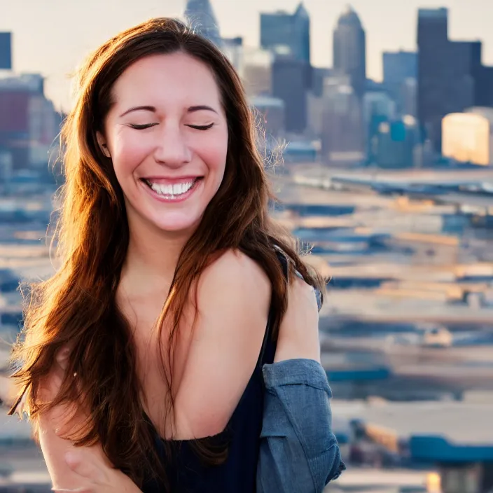 Image similar to a beautiful girl from minnesota, brunette, joyfully smiling at the camera with her eyes closed. morning hour, plane light, portrait, minneapolis as background.