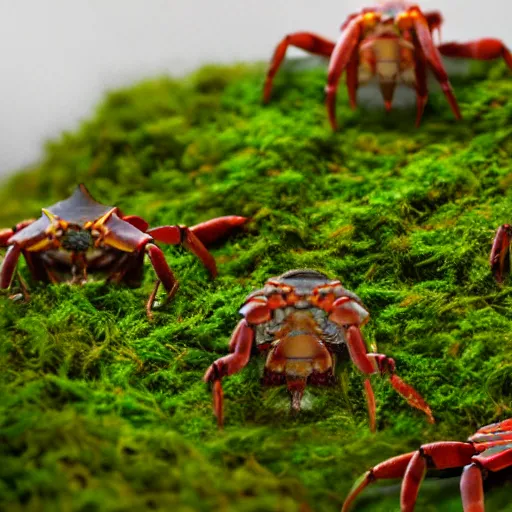 Image similar to voidless of the festival, large group of crabs and worms, crawling along a bed of moss, low poly, creeper world, handcrafted, artstation, hyperrealistic, hard light, best practices, creeptastic, photorealism, macro perspective, cuddly