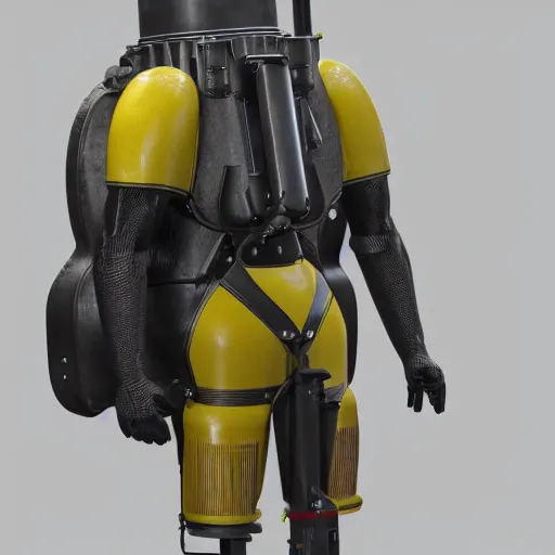 Image similar to nuclear - powered jetpack on display at a museum, 3 d render, octane, ray tracing, ultra high detail, photorealistic