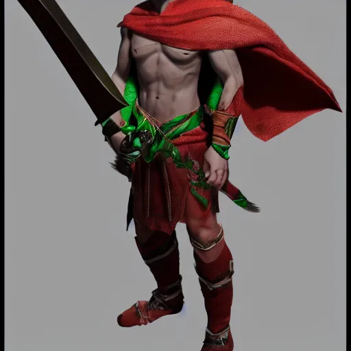 Prompt: hyper - realistic 3 d sculpture of the warrior elf aenur from the mordeim game, with a sword and wearing a green cape, unreal engine, detailed