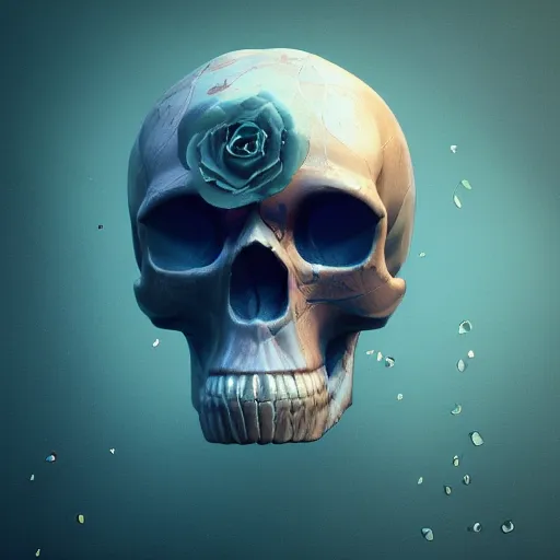 Image similar to obsidian skull surrounded by dark water with floating flower petals, octane render, trending on artstation