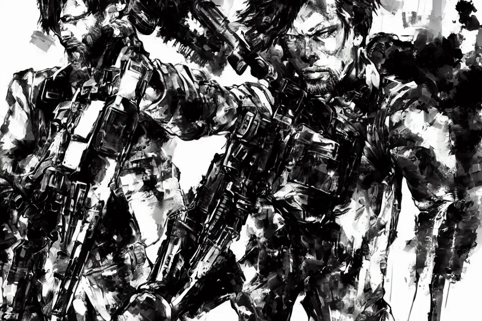 Image similar to a full - body portrait of stephen curry with guns, in yoji shinkawa's art style, metal gear solid art style highly detailed, 4 k, artistic, white background, b & w