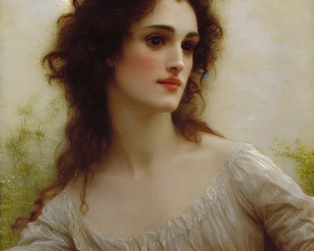 Prompt: portrait en buste of winona ryder kiera knightley in repose by Hughes Merle, by Pierre Auguste Cot, bouguereau, perfect detailed eyes, realistic fabric, abundant detail, dramatic pose