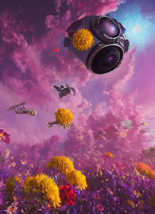 Image similar to An epic fantastic realism comic book style painting of the most beautiful flowers launched into space, bouquets, fisheye lens, unreal 5, DAZ, hyperrealistic, octane render, dynamic lighting