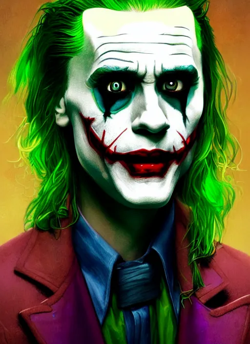 Image similar to portrait of jared leto as the joker, green hair, intricate, elegant, glowing lights, highly detailed, digital painting, artstation, concept art, sharp focus, illustration, art by wlop, mars ravelo and greg rutkowski