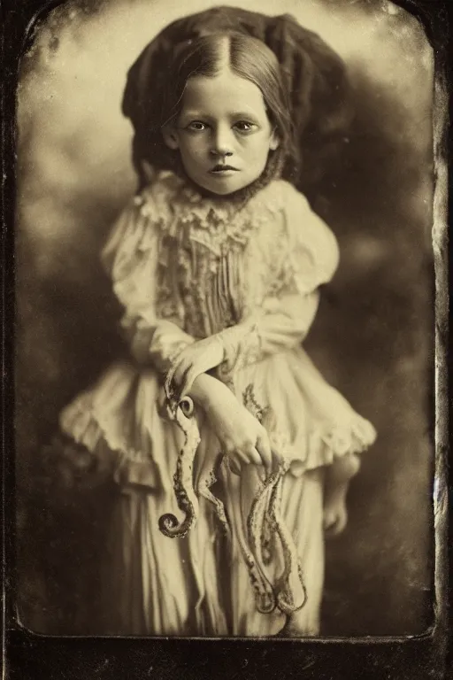 Image similar to wet plate photograph portrait of victorian octopus child with an octopus head, dressed in a victorian - era clothing, entire head is an octopus, dramatic lighting, highly detailed, smooth, sharp focus