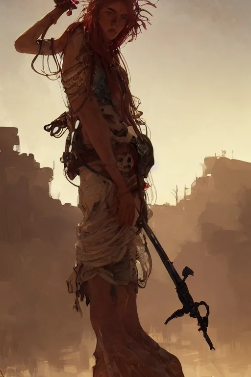 Prompt: a full body portrait of a beautiful post apocalyptic offworld criminal district bedouin blind pulp fiction scarlet wild rogue barbarian leper begging by the roadside, intricate, elegant, highly detailed, digital painting, artstation, concept art, smooth, sharp focus, illustration, art by krenz cushart and artem demura and alphonse mucha