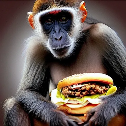 Image similar to “ a monkey with hair like Trump sitting on a pile of garbage eating a hamburger”