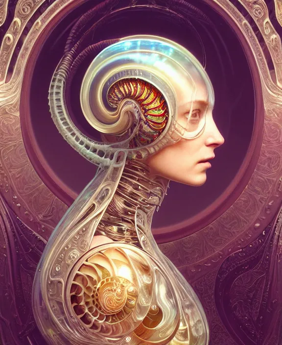 Image similar to intricate ornate opulent transparent clear see - through portrait of a cybernetic beautiful alien nautilus, mottled coloring, adorable, childlike, pastoral environment, ultra realistic, concept art, art nouveau, photorealistic, octane render, 8 k, unreal engine. art by christopher marley and artgerm and greg rutkowski and alphonse mucha