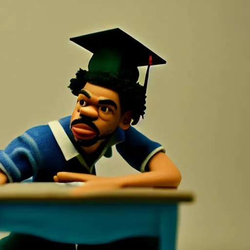 Image similar to a cinematic film still of a claymation stop motion film starring chance the rapper as a college student, shallow depth of field, 8 0 mm, f 1. 8