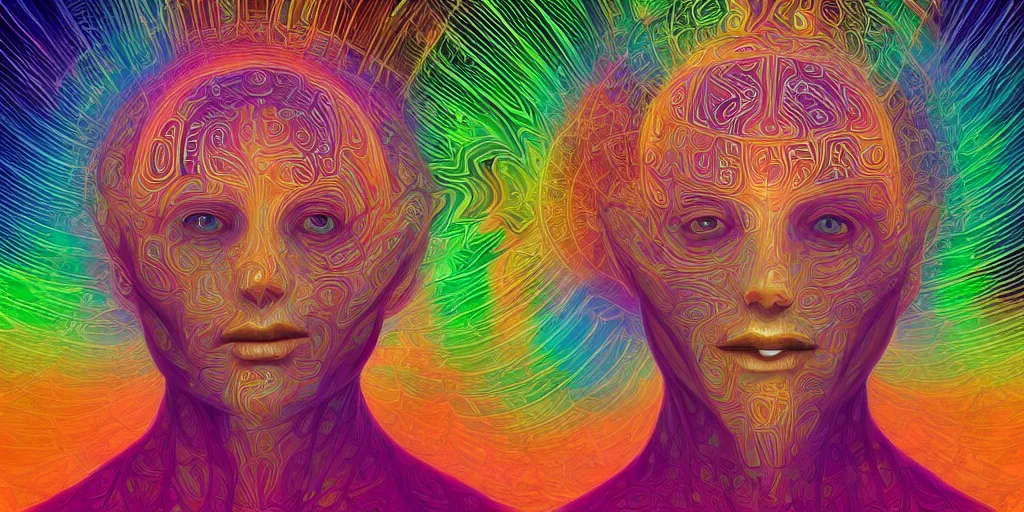 Image similar to transcendence into collaborative intelligence, endless collaboration with ai, connectedness, body, by alex grey, album cover, award winning, beautiful, colorful, volumetric lighting, trending on artstation, cinematic