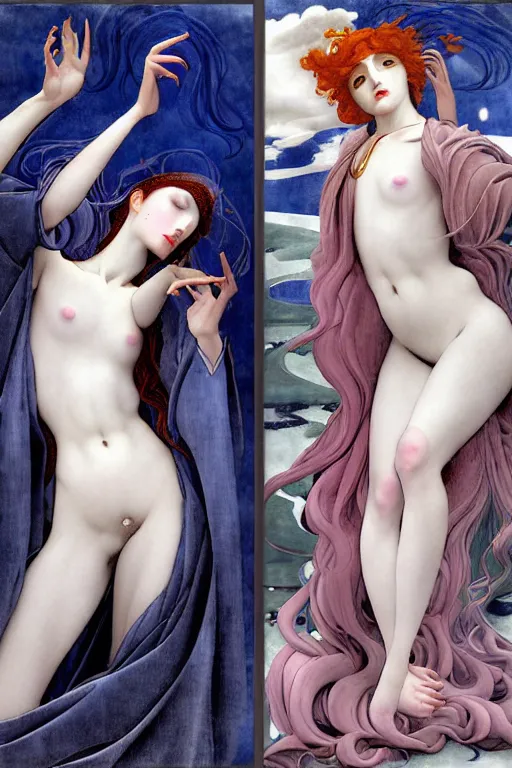 Image similar to 3 Winter Deities, (one representing each month of December, January, and February), in a mixed style of Æon Flux, Peter Chung, Botticelli, and John Singer Sargent, inspired by pre-raphaelite paintings, shoujo manga, and cool Japanese street fashion, moody cold landscape, dark and muted colors, hyper detailed, super fine inking lines, dramatic color, 4K extremely photorealistic, Arnold render