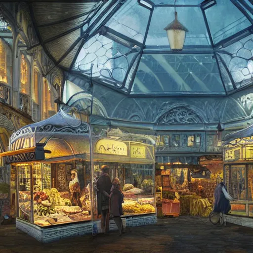 Prompt: a market of a medeveil english town under a large glass dome under the sea, highly detailed, cinematic lighting, render, fantasy