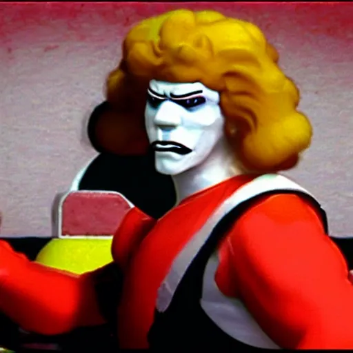 Prompt: image of ronald mcdonald, white face, red afro, red nose and yellow outfit as an enemy in 9 0's mortal kombat 3 sega genesis video game, upscaled to high resolution