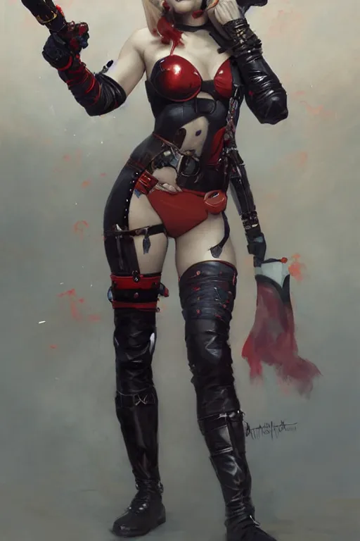 Image similar to portrait of Harley Quinn in bikini armor, dc comics, cyberpunk, Warhammer 40000, dark fantasy, digital art from artstation by Ruan Jia and Mandy Jurgens and Artgerm and william-adolphe bouguereau
