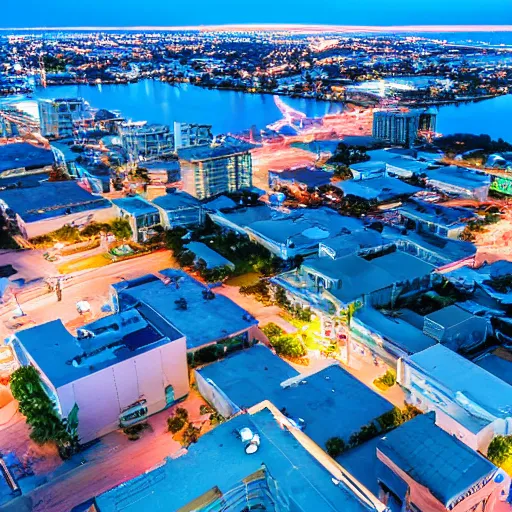 Image similar to an overview from 500 feet in the air of a small coastal Florida town at night, a still from an anime movie, clouds in the sky, downtown in the distance