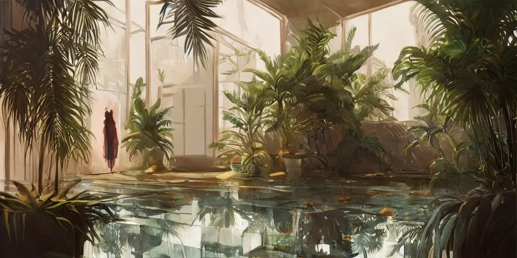 Image similar to indoor liminal space, golden light, greg rutkowski, palm trees, pink door, minimalistic, hyperrealistic surrealism, award winning masterpiece with incredible details, epic stunning, infinity pool mirrors, a surreal vaporwave liminal space with mirrors, highly detailed, trending on artstation, artgerm and greg rutkowski and alphonse mucha, daily deviation