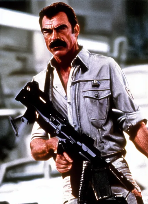 Prompt: film still of tom selleck as the terminator in the terminator, 4 k