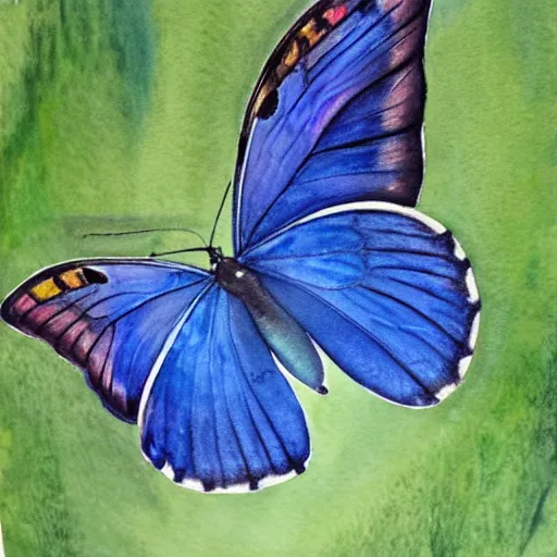 Prompt: A realistic watercolour painting of a blue morpho, fine detail, washed out background