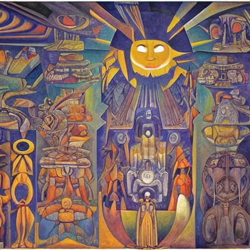 Prompt: Journey of the sun god through space and time, by Diego Rivera