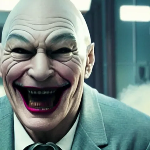 Image similar to still of Patrick Stewart, bald, as joker in new joker film